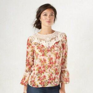 LC Lauren Conrad Snow White Pink and Peach Sheer Peasant Top